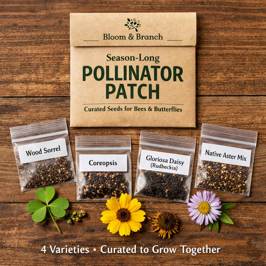 Bloom & Branch pollinator seed package on a wooden surface with individual seed packets and flowers.