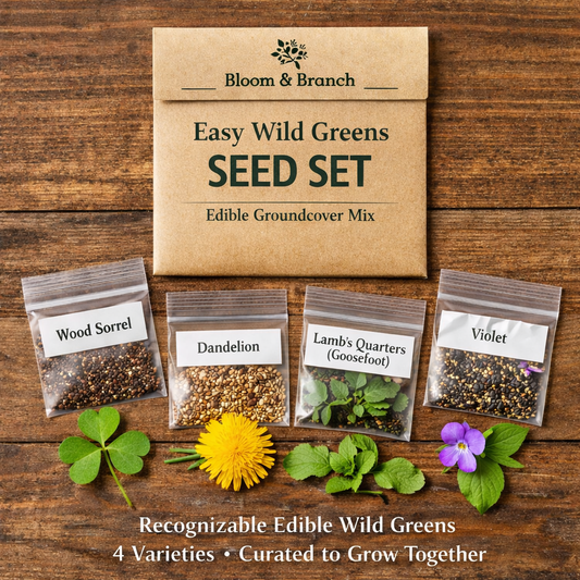 Bloom & Branch Easy Wild Greens Seed Set on a wooden surface with seed packets and plants.