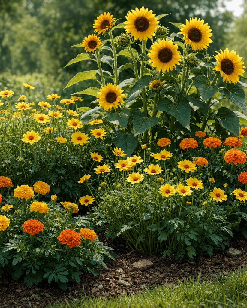 Coreopsis, sunflowers and marigolds in a garden setting

Details