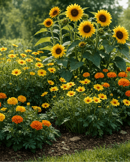 Coreopsis, sunflowers and marigolds in a garden setting

Details