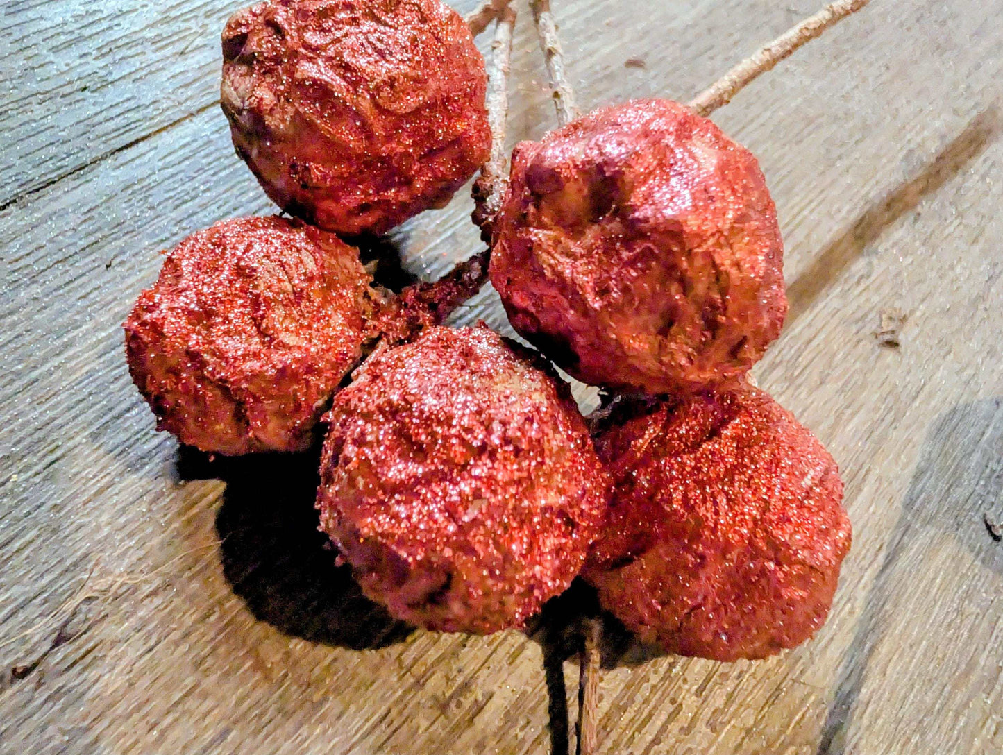 Close-up of metallic wine powdered  bald cypress on a wooden surface