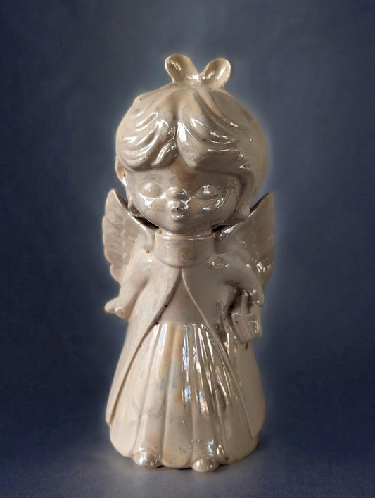 Vintage Iridescent Angel Figurine – 1990s Handmade Ceramic – Collectible Christmas Holiday Decor
