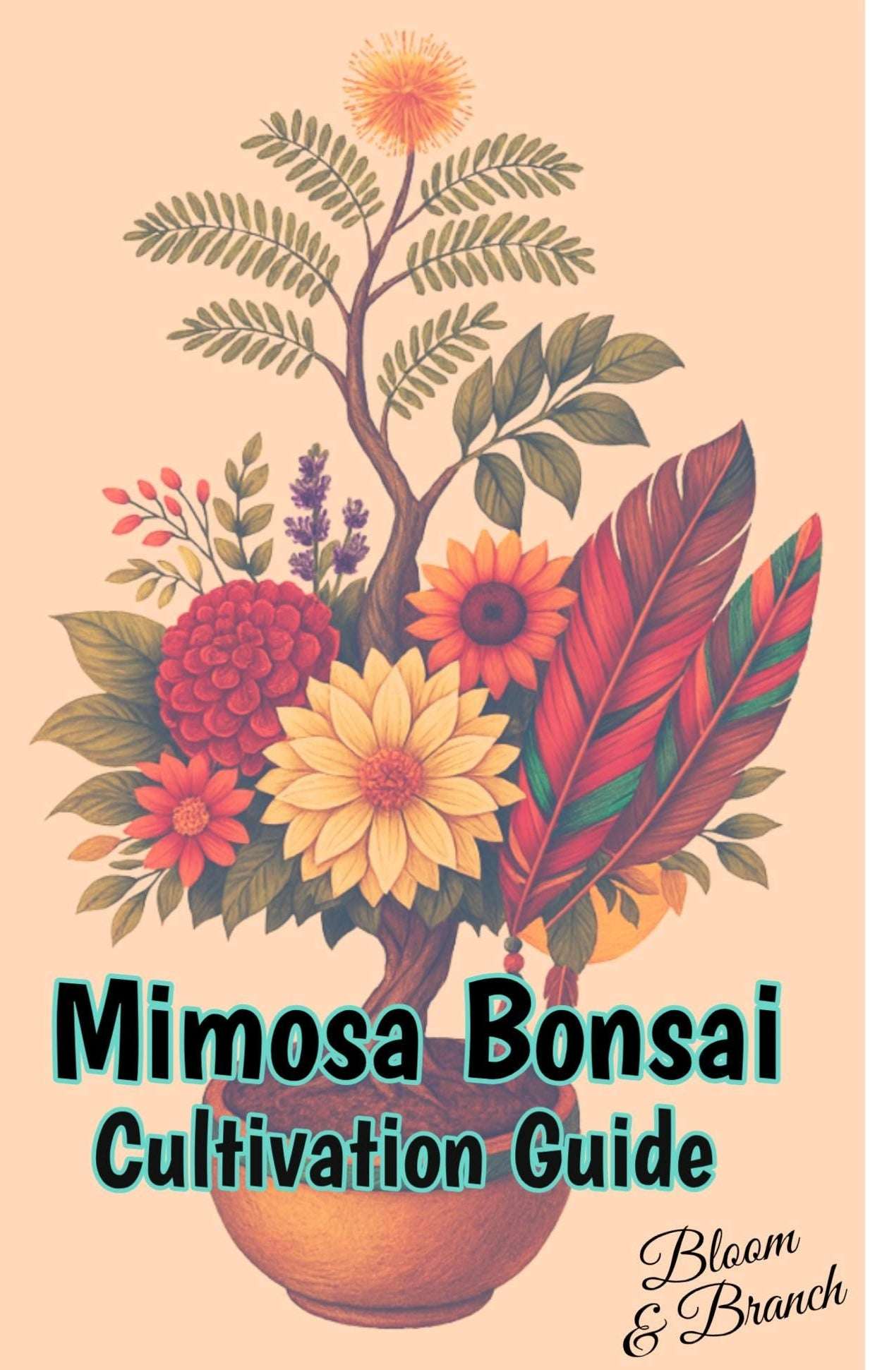 Book cover of 'Mimosa Bonsai Cultivation Guide' with floral design and 'Bloom & Branch' branding.