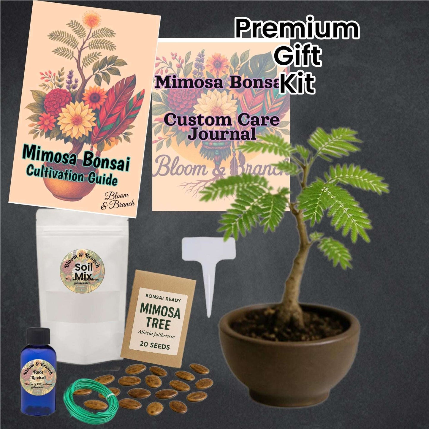 Mimosa Bonsai gift kit with plant, seeds, soil mix, care guide, plant journal, root tonic, plant tag, and training wire on a dark background.