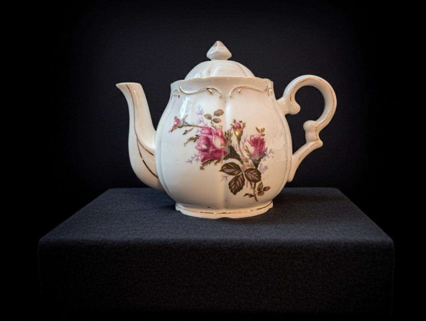 Vintage  15-Pc Pink Rose Wawel Poland Porcelain Tea Set, Embossed with Gold Trim