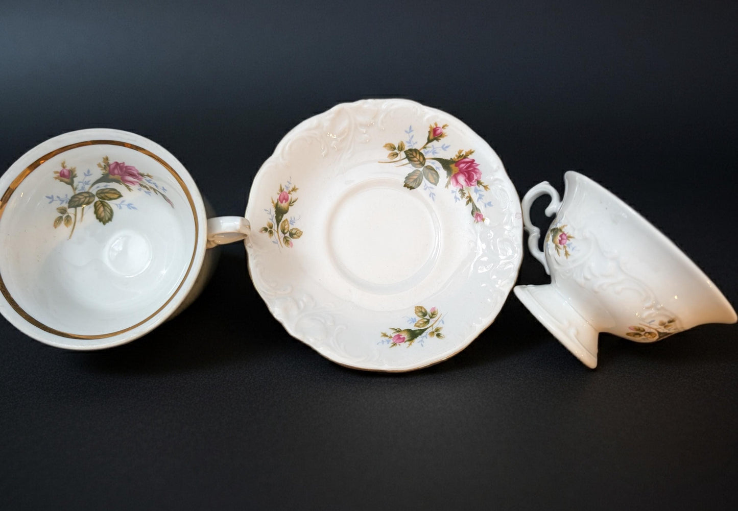 Vintage  15-Pc Pink Rose Wawel Poland Porcelain Tea Set, Embossed with Gold Trim