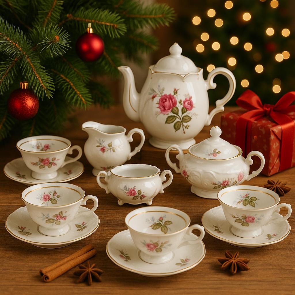 Decorative ceramic tea set with floral patterns on a wooden table, Christmas tree and gift in the background.