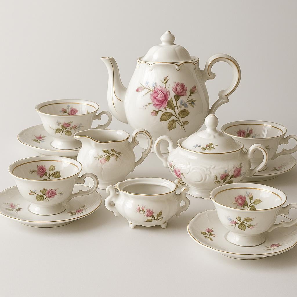 Vintage  15-Pc Pink Rose Wawel Poland Porcelain Tea Set, Embossed with Gold Trim