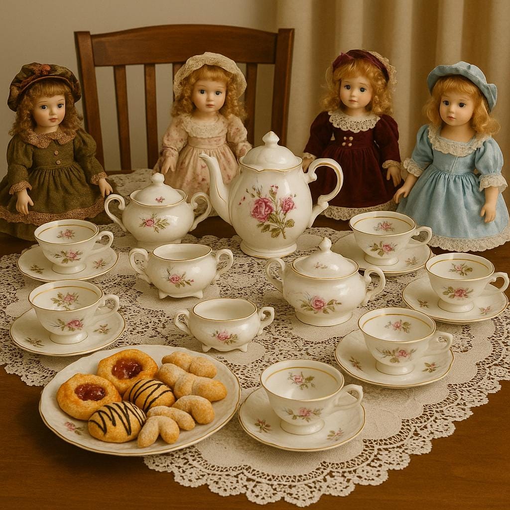 Vintage  15-Pc Pink Rose Wawel Poland Porcelain Tea Set, Embossed with Gold Trim