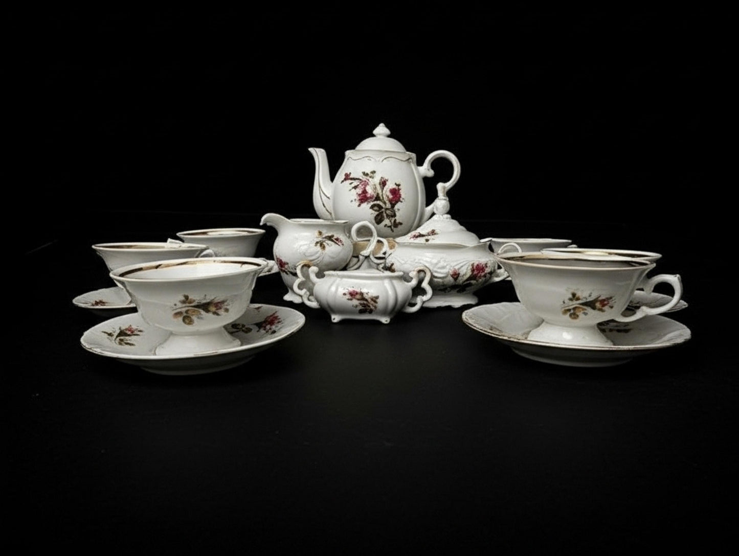 Vintage  15-Pc Pink Rose Wawel Poland Porcelain Tea Set, Embossed with Gold Trim