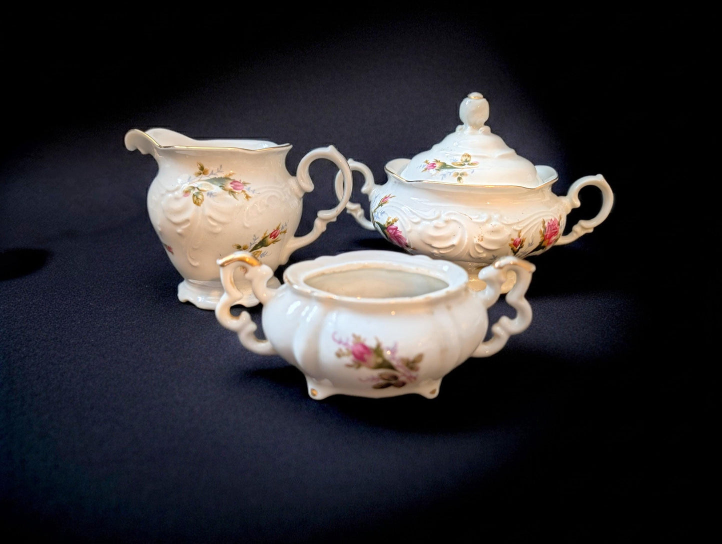 Vintage  15-Pc Pink Rose Wawel Poland Porcelain Tea Set, Embossed with Gold Trim