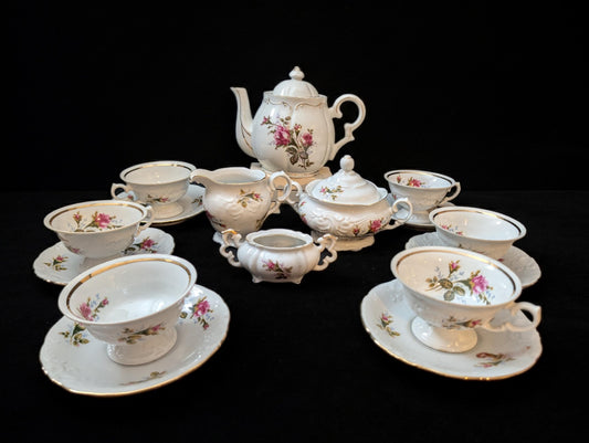 Vintage  15-Pc Pink Rose Wawel Poland Porcelain Tea Set, Embossed with Gold Trim