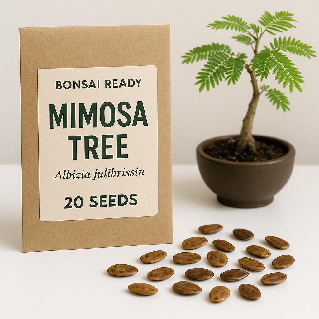 Bonsai ready Mimosa Tree seed package with seeds and a potted tree on a white background