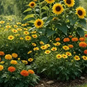 Sunflowers Tickseed and marigolds in bloom